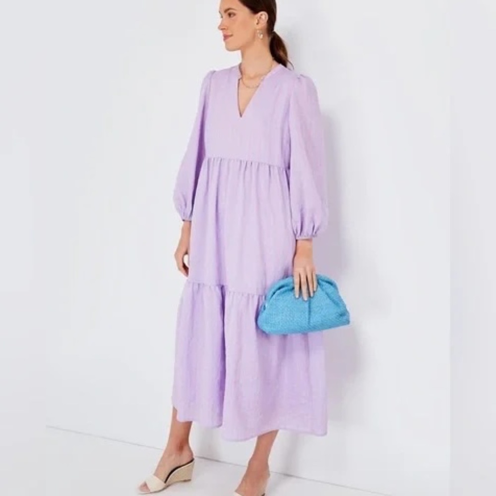 Pomander Place Lavender Tiered Maxi Dress with Blue Clutch Accent